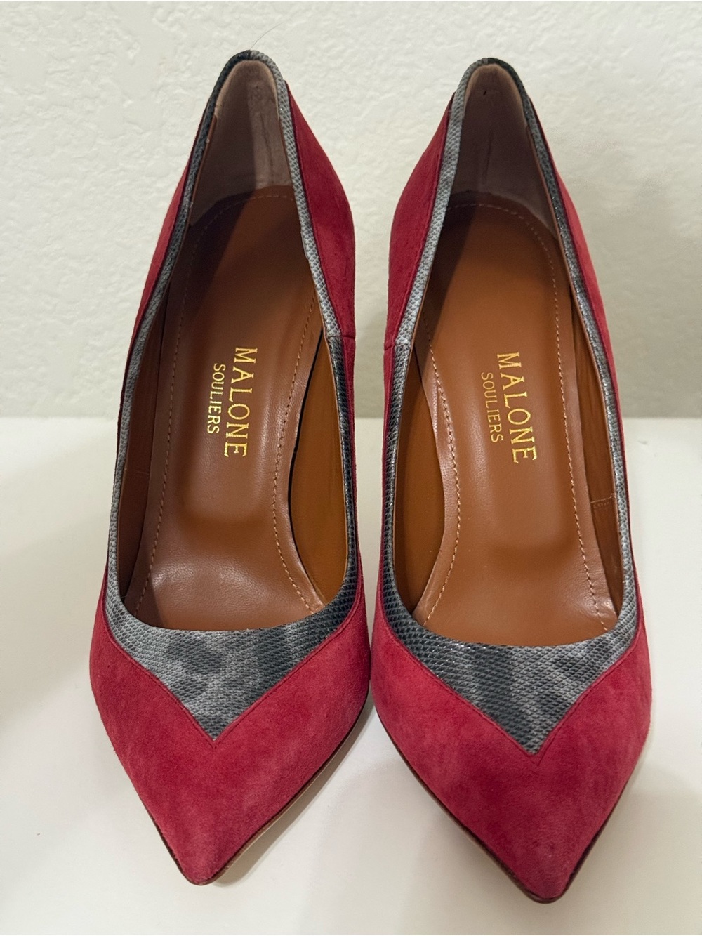 Malone Souliers Burgundy Suede & Lizard-Trim Pumps — EU 39 / US 9